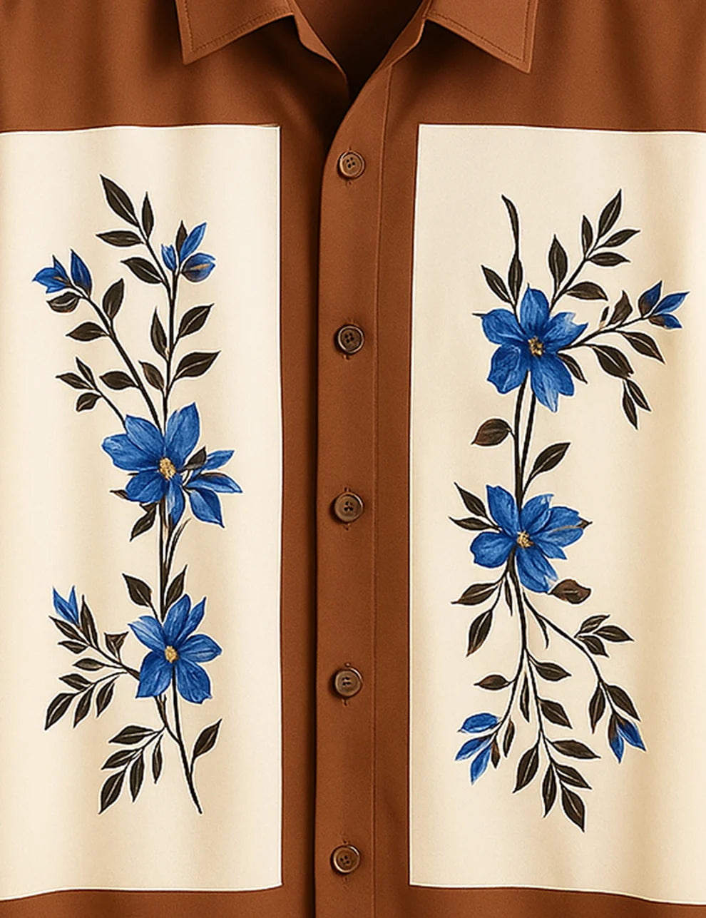 Brown & Cream Floral Panel Short Sleeve Shirt – Vintage Botanical Button-Down