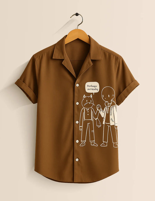 Premium Cartoon Graphic Printed Shirt – Brown Designer Casual Wear