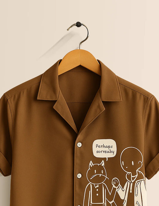 Premium Cartoon Graphic Printed Shirt – Brown Designer Casual Wear