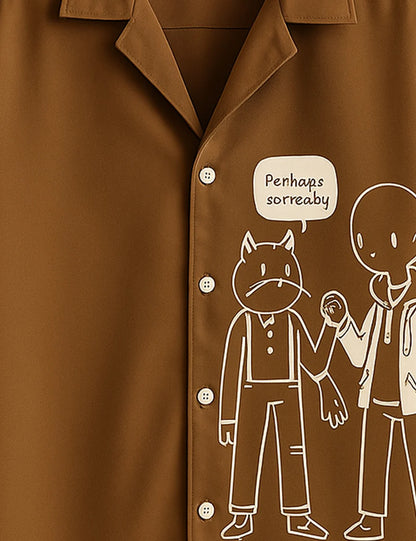 Premium Cartoon Graphic Printed Shirt – Brown Designer Casual Wear