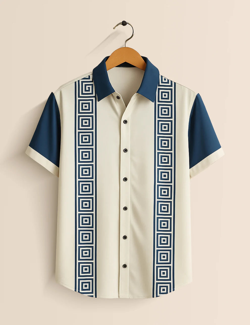 Premium Geometric Stripe Shirt – White & Navy Blue Designer Casual Wear