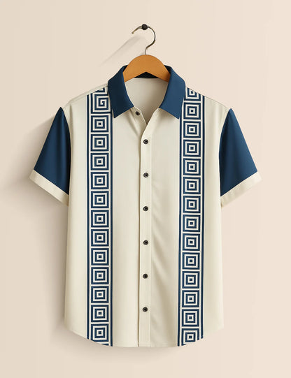 Premium Geometric Stripe Shirt – White & Navy Blue Designer Casual Wear