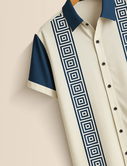 Premium Geometric Stripe Shirt – White & Navy Blue Designer Casual Wear