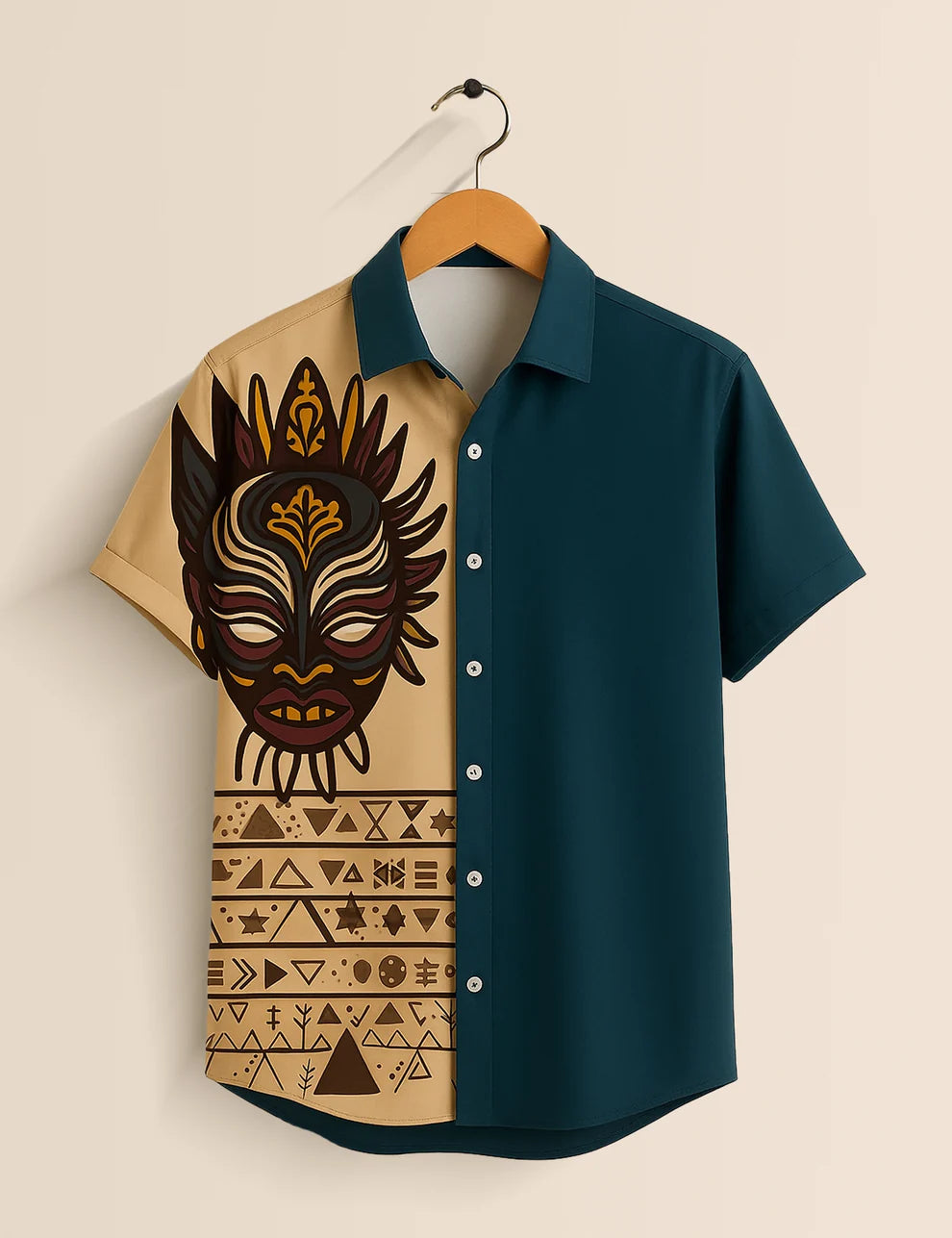 Premium Tribal Mask Printed Shirt – Teal & Beige Designer Casual Wear