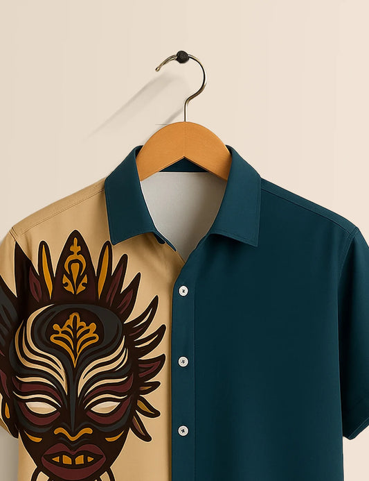 Premium Tribal Mask Printed Shirt – Teal & Beige Designer Casual Wear