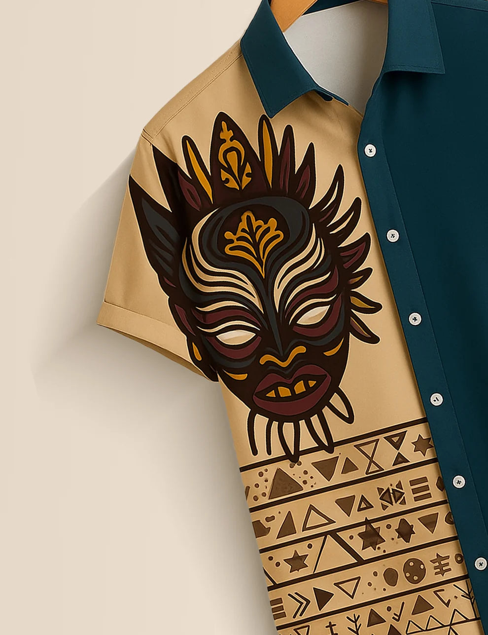 Premium Tribal Mask Printed Shirt – Teal & Beige Designer Casual Wear