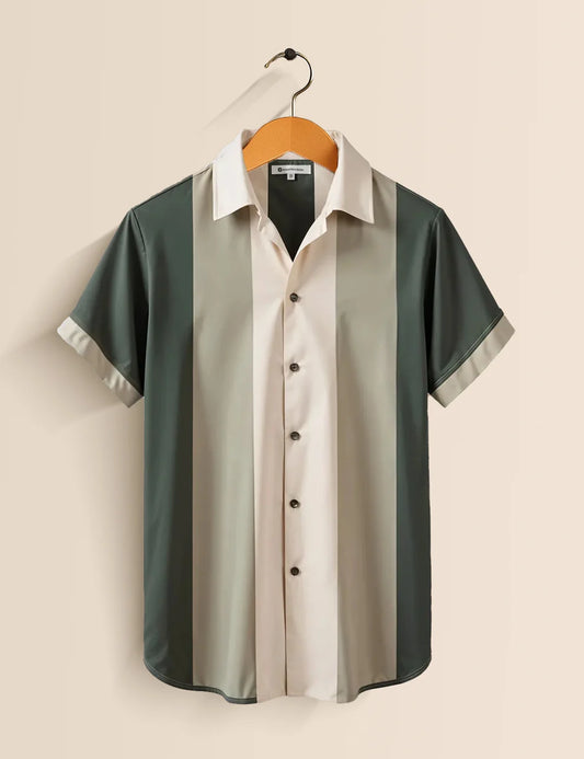 Premium Vertical Stripe Shirt – Cream & Olive Green Designer Casual Wear