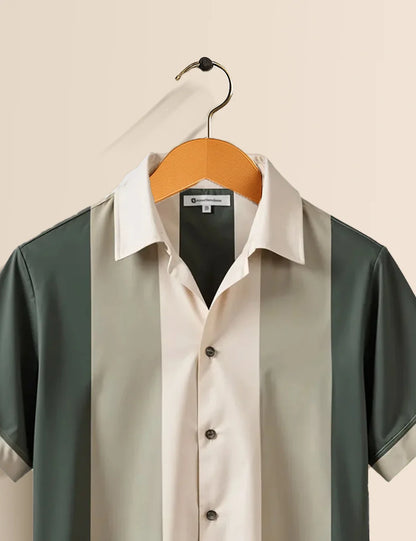 Premium Vertical Stripe Shirt – Cream & Olive Green Designer Casual Wear