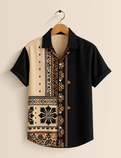 Premium Half Sleeve Printed Shirt – Black & Beige Designer Casual Wear