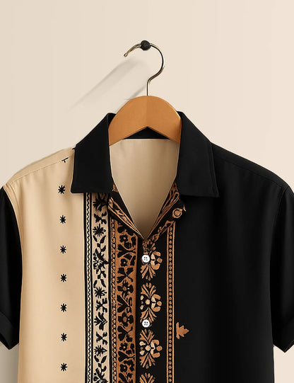 Premium Half Sleeve Printed Shirt – Black & Beige Designer Casual Wear