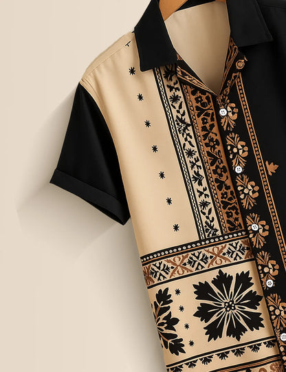 Premium Half Sleeve Printed Shirt – Black & Beige Designer Casual Wear