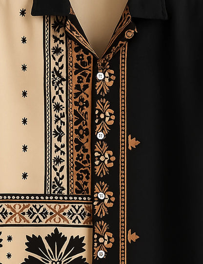 Premium Half Sleeve Printed Shirt – Black & Beige Designer Casual Wear