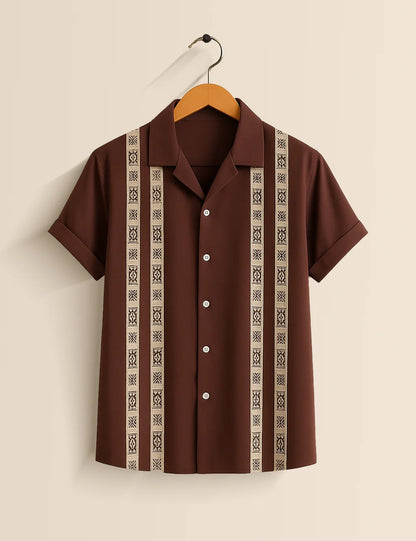 Brown Vertical Striped Short Sleeve Shirt – Classic Retro Button-Down