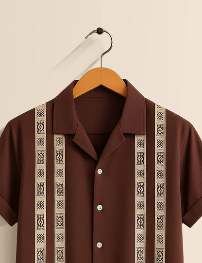 Brown Vertical Striped Short Sleeve Shirt – Classic Retro Button-Down
