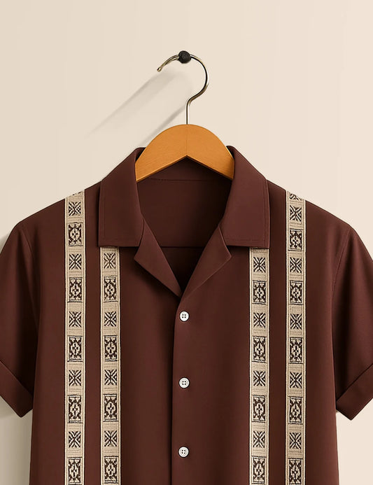 Brown Vertical Striped Short Sleeve Shirt – Classic Retro Button-Down