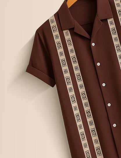 Brown Vertical Striped Short Sleeve Shirt – Classic Retro Button-Down