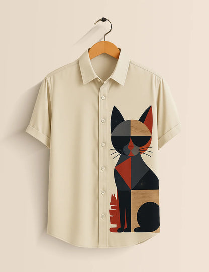 Premium Cat Graphic Printed Shirt – Cream Designer Casual Wear