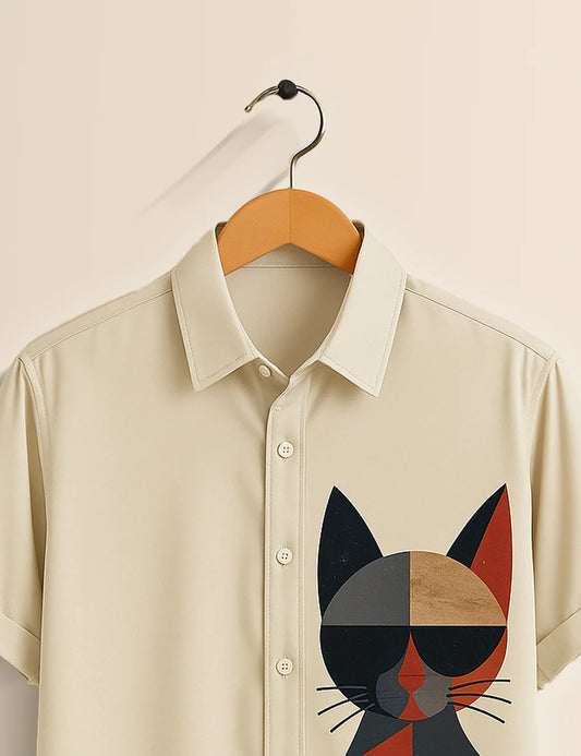 Premium Cat Graphic Printed Shirt – Cream Designer Casual Wear