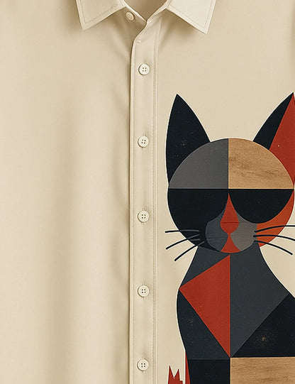 Premium Cat Graphic Printed Shirt – Cream Designer Casual Wear