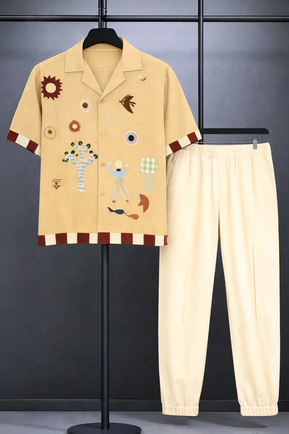 Cream Art Print Shirt with Cream Joggers – Premium Casual Co-Ord Set