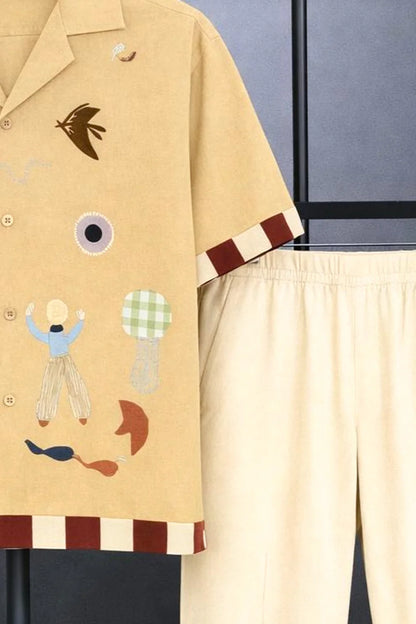 Cream Art Print Shirt with Cream Joggers – Premium Casual Co-Ord Set