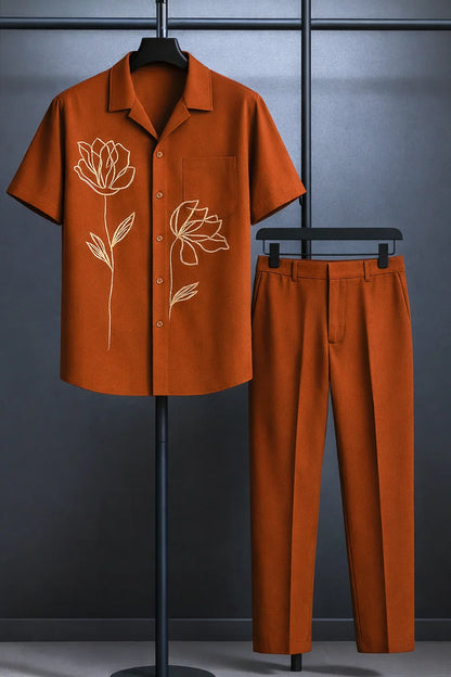 Rust Brown Floral Embroidered Shirt with Matching Pants – Premium Co-Ord Set