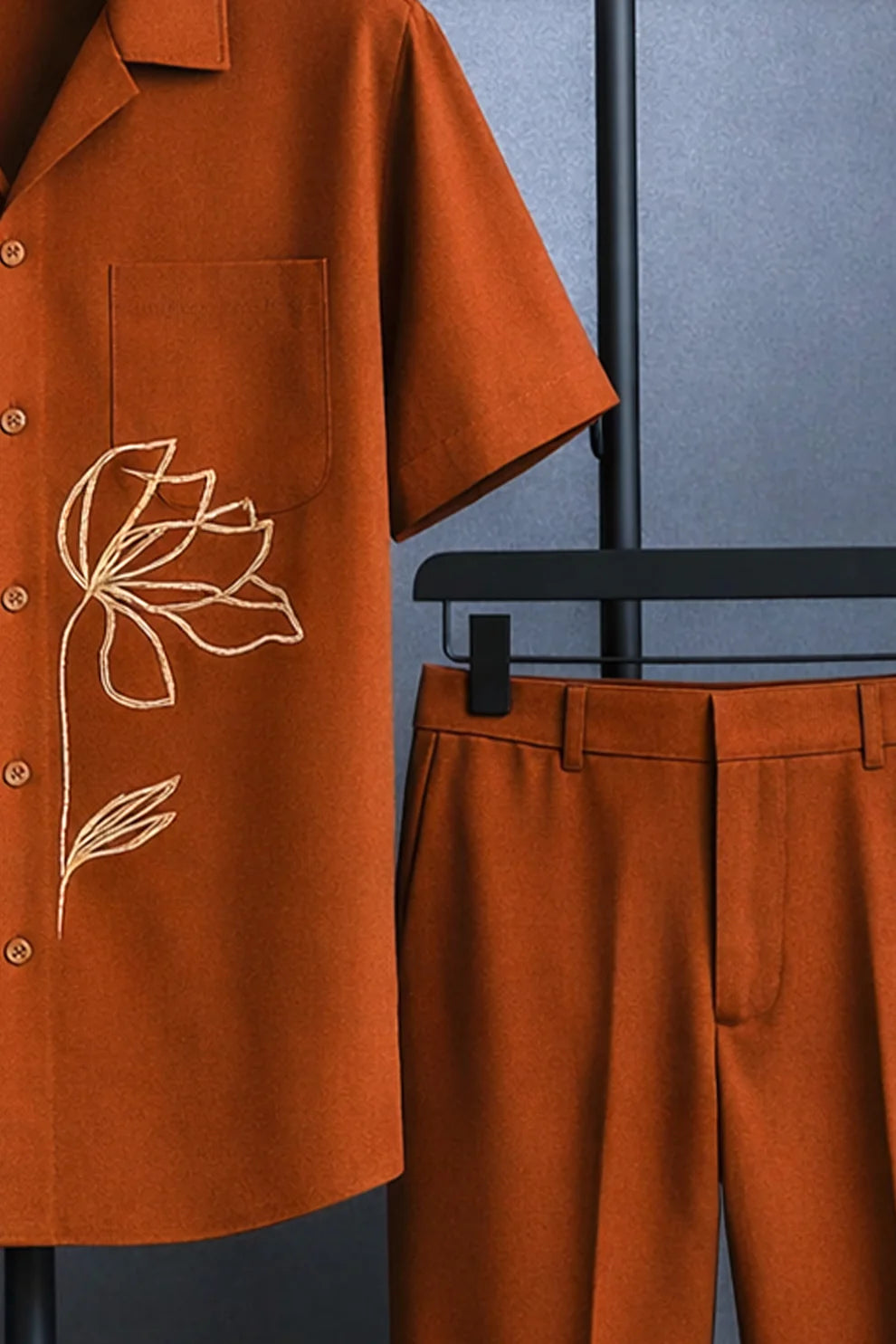 Rust Brown Floral Embroidered Shirt with Matching Pants – Premium Co-Ord Set