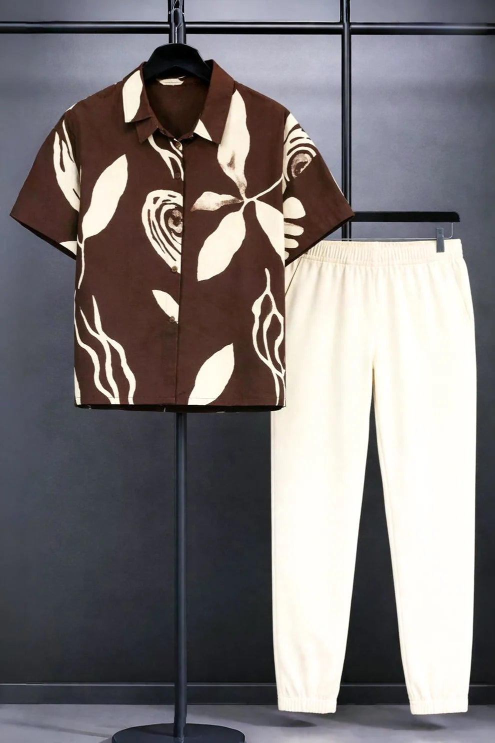 Brown Abstract Print Shirt with Cream Joggers – Premium Casual Co-Ord Set