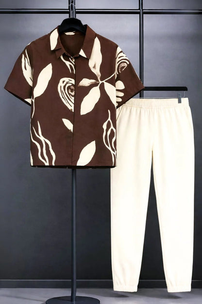 Brown Abstract Print Shirt with Cream Joggers – Premium Casual Co-Ord Set