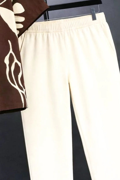 Brown Abstract Print Shirt with Cream Joggers – Premium Casual Co-Ord Set