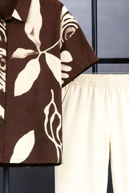 Brown Abstract Print Shirt with Cream Joggers – Premium Casual Co-Ord Set