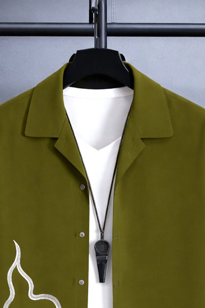 Olive Green Minimal Print Shirt with Cream Joggers – Premium Casual Co-Ord Set