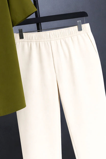 Olive Green Minimal Print Shirt with Cream Joggers – Premium Casual Co-Ord Set