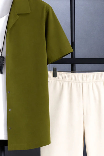 Olive Green Minimal Print Shirt with Cream Joggers – Premium Casual Co-Ord Set