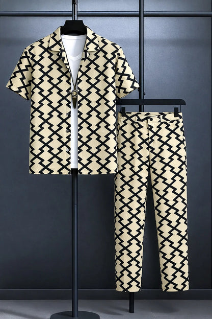 Cream & Black Z-Pattern Print Shirt with Matching Pants – Premium Co-Ord Set