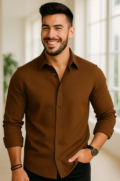 Men’s Premium Brown Solid Full Sleeve Shirt – Slim Fit Formal & Casual Wear