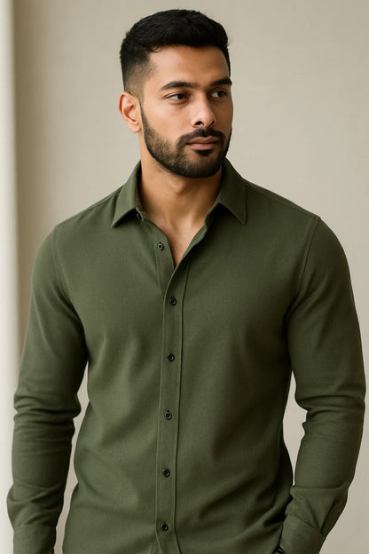Premium Olive Green Solid Full Sleeve Shirt – Slim Fit Formal & Casual Wear